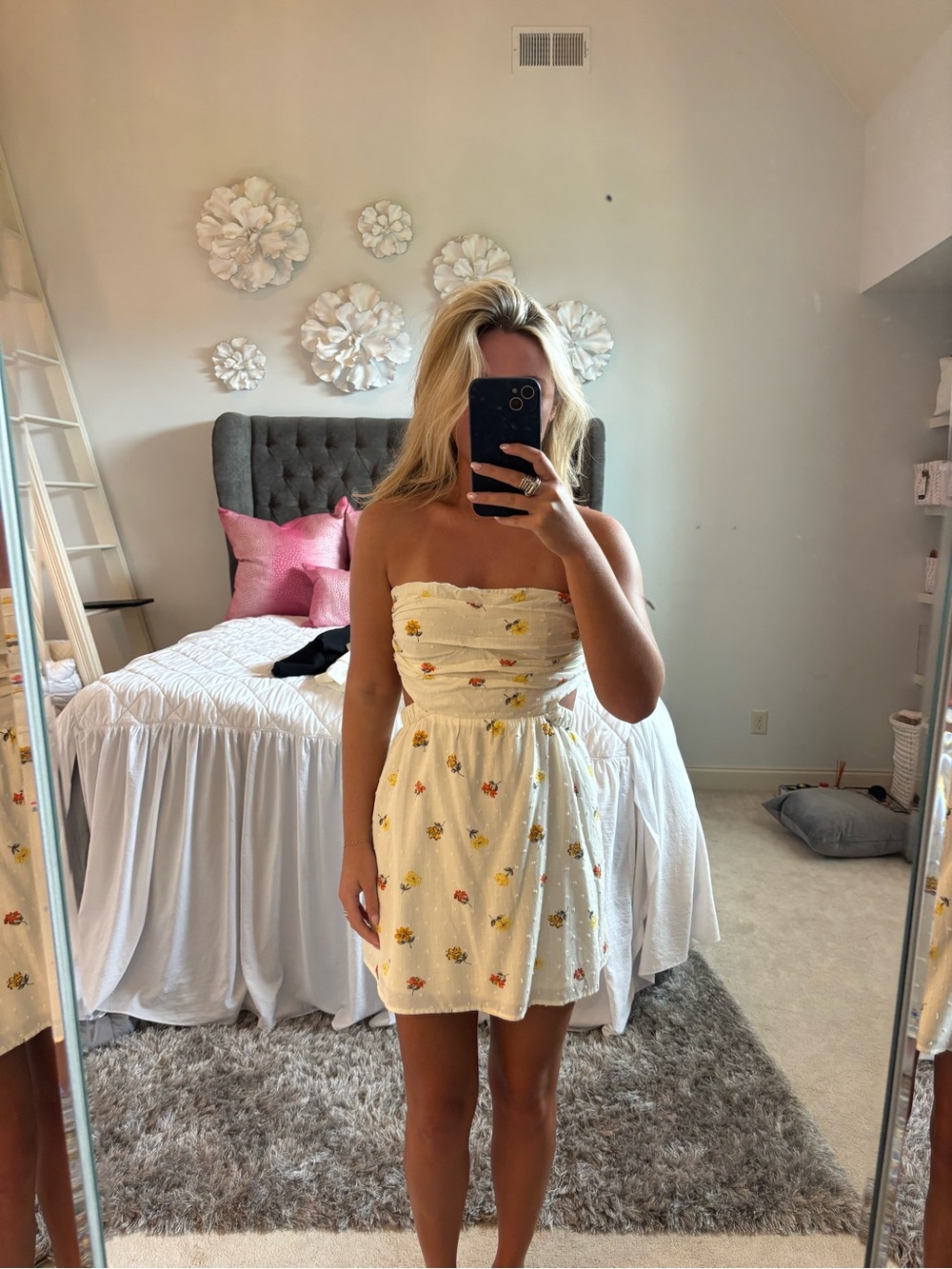 Strapless White Mini Dress with Yellow & Orange Floral Print